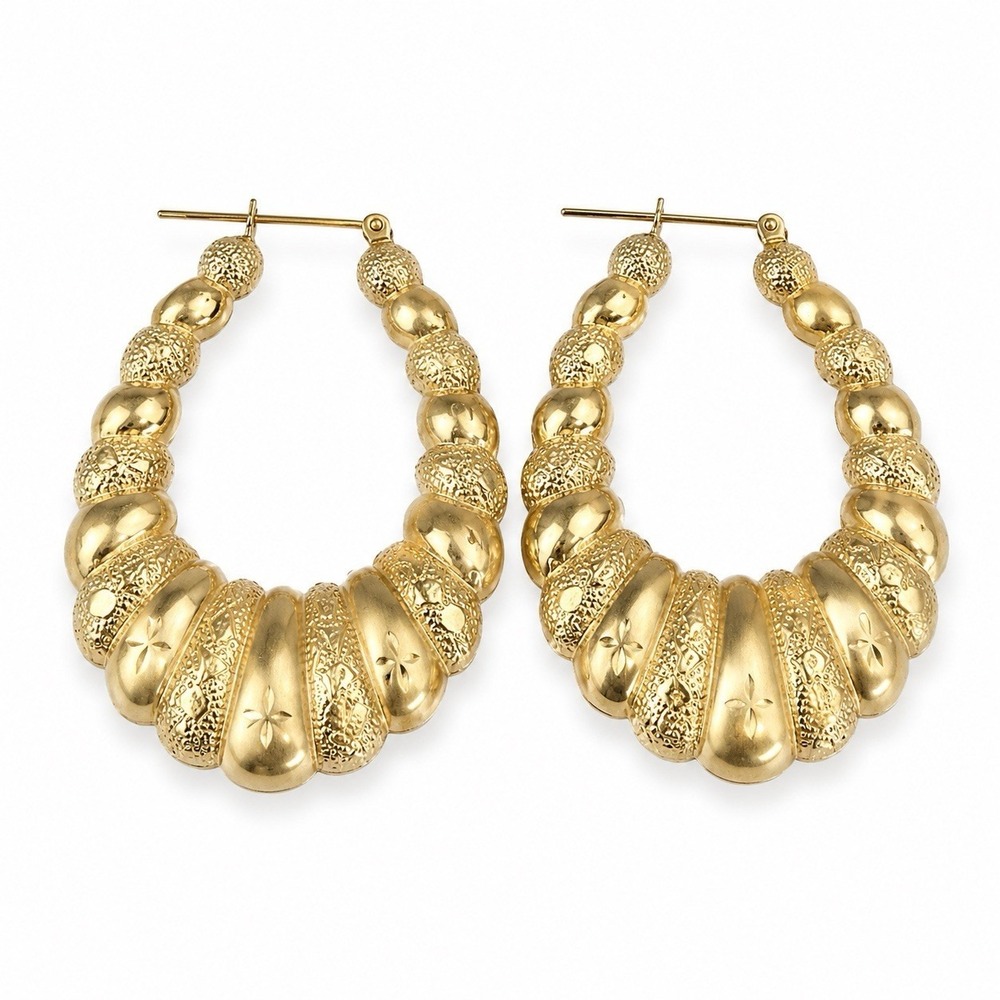 Vintage 10K Yellow Gold Textured Hoop Shrimp Earrings Large 2.5" 8.3g